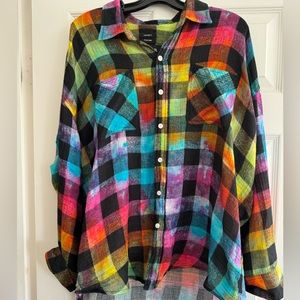 R13 Rainbow Plaid Oversized Button-Up Shirt